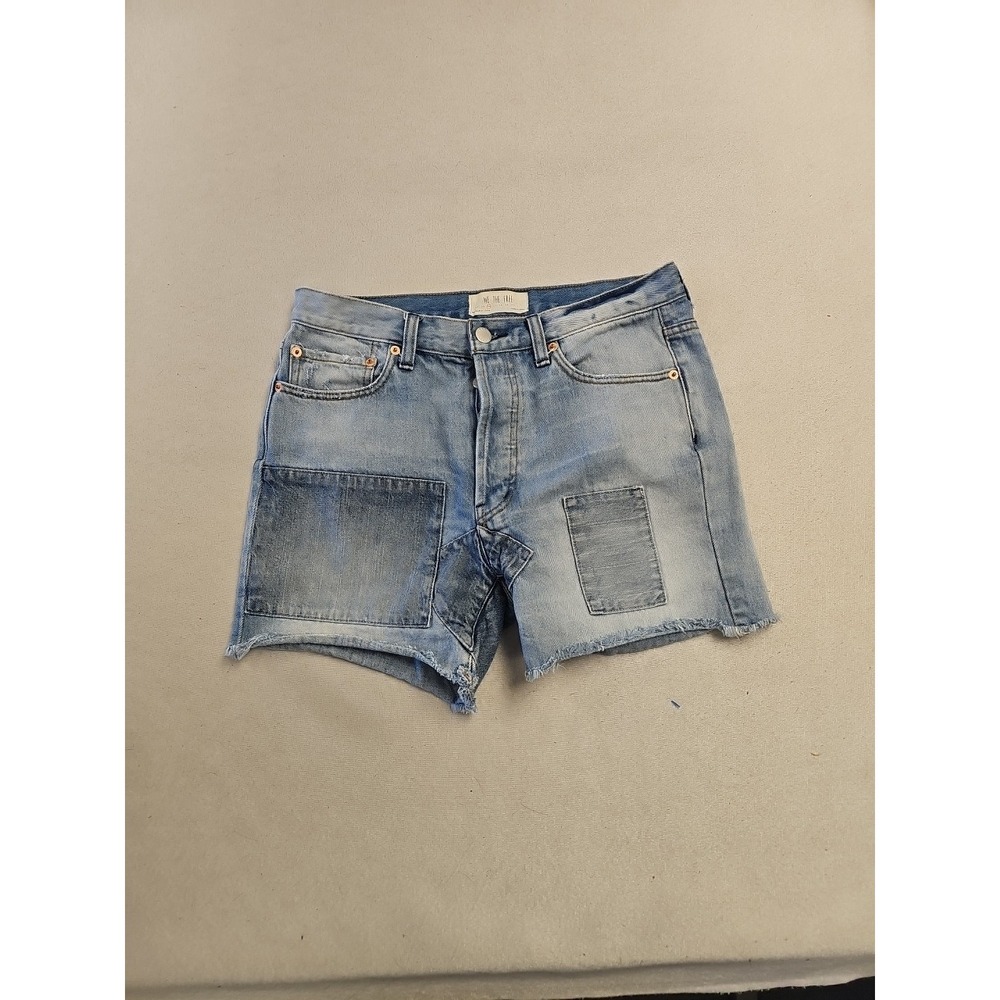 Free People Patchwork Light Wash Denim Shorts Sz 26 Raw Hem Button Fly Boho